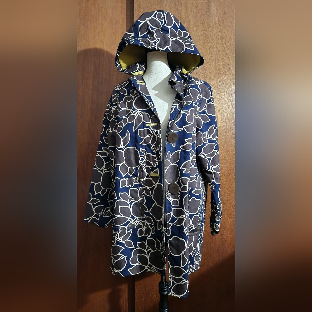Boden Navy Floral Hooded Trench Coat with Cream Outline